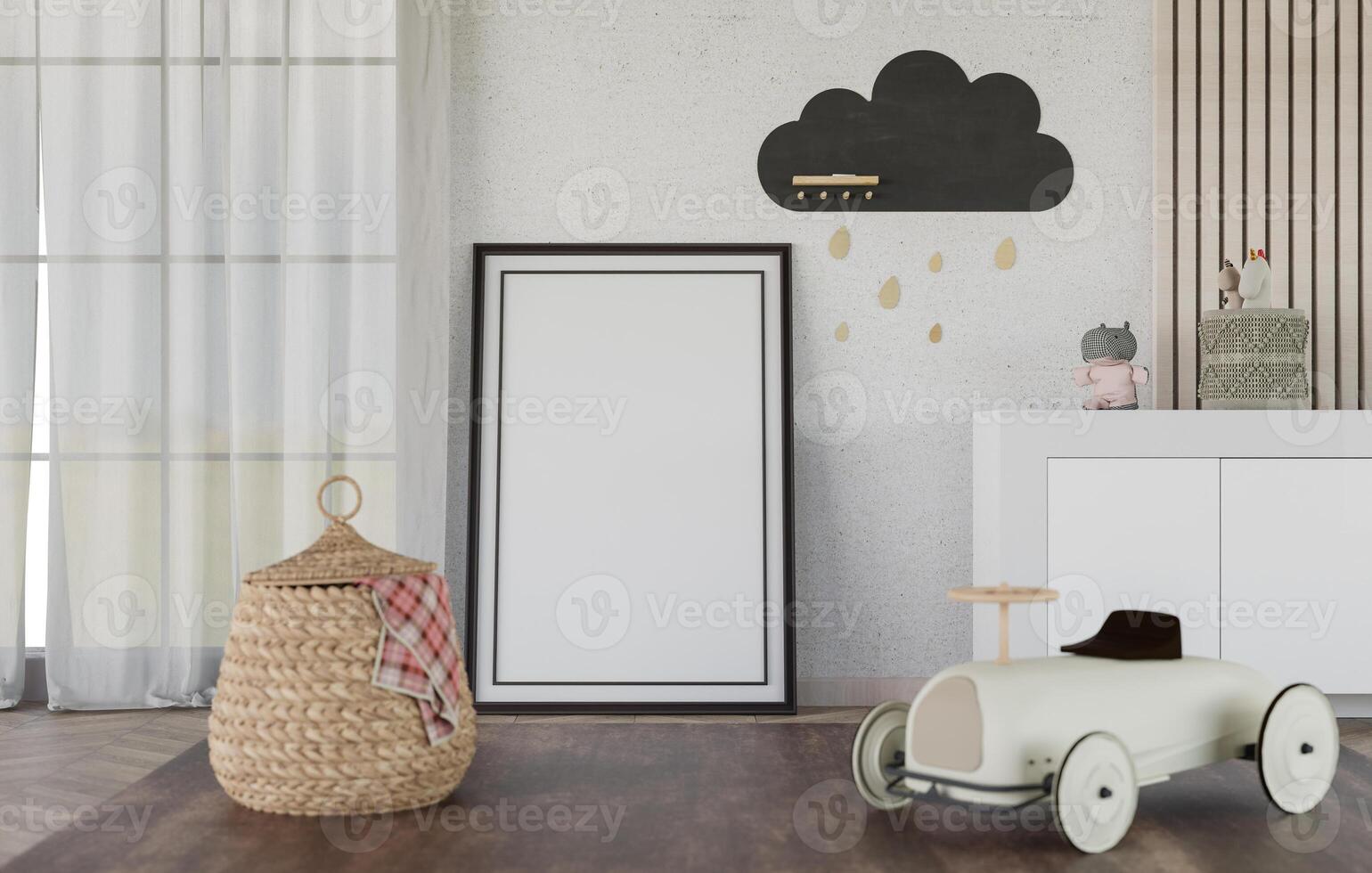 3D mockup blank photo frame in living room rendering