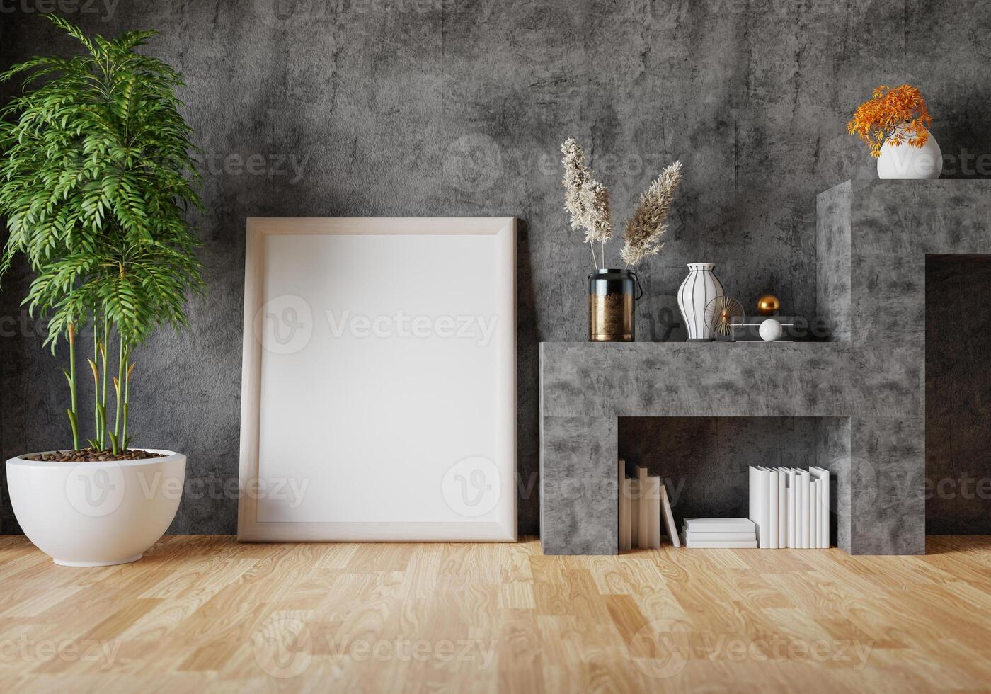 3D mockup blank photo frame in living room rendering