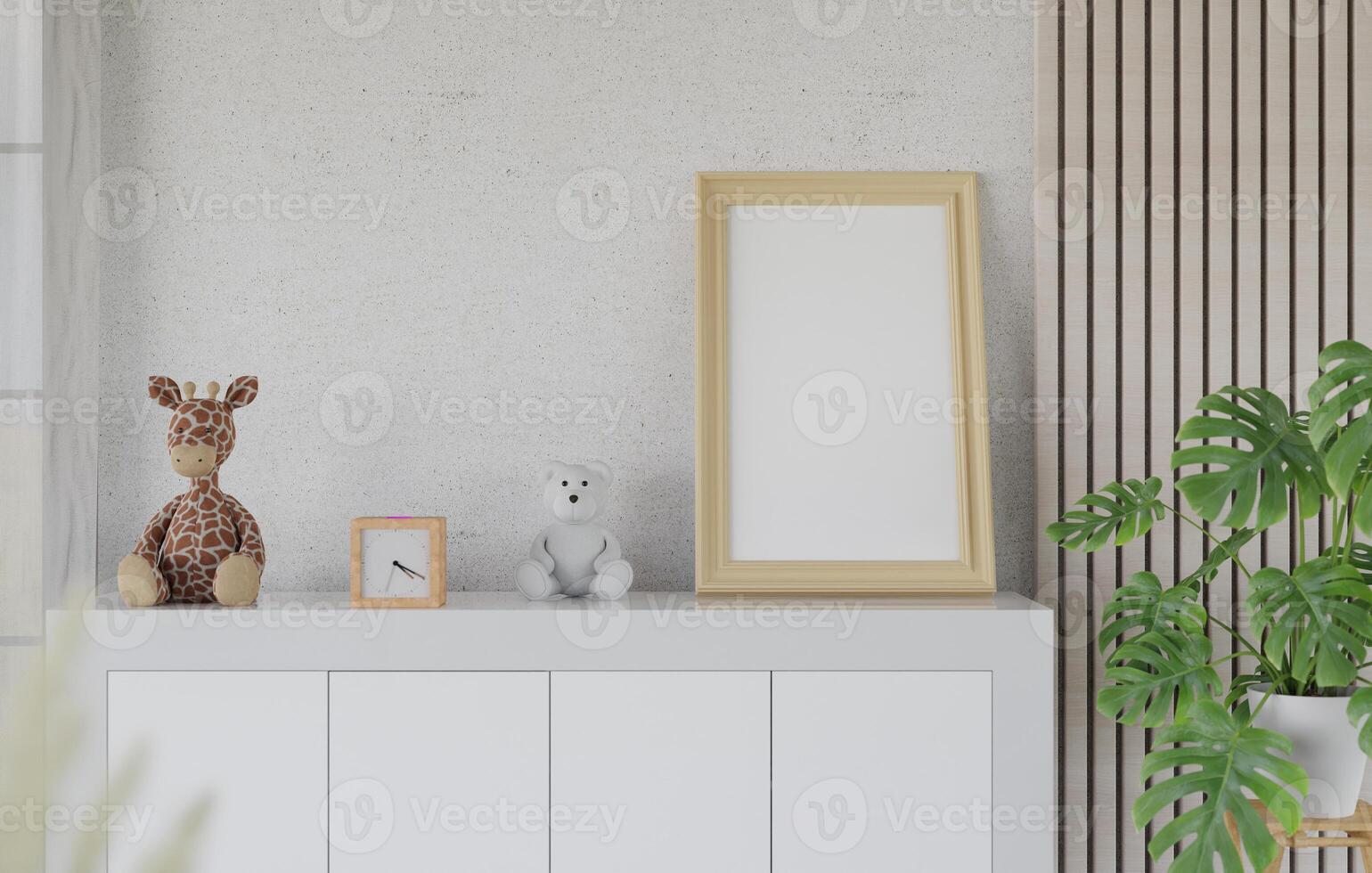 3D mockup blank photo frame in living room rendering