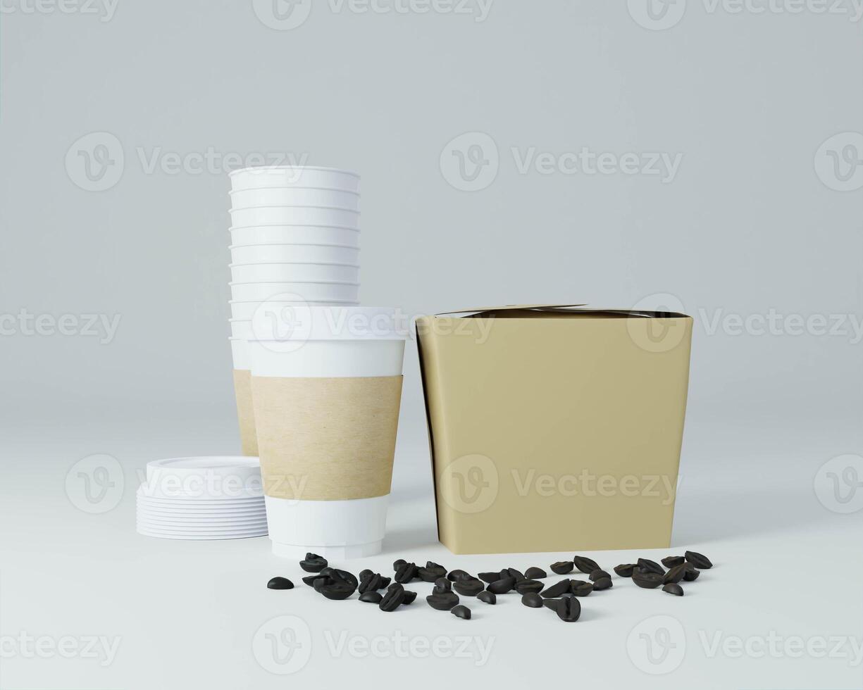 Paper coffee cup and coffee beans on white background. photo