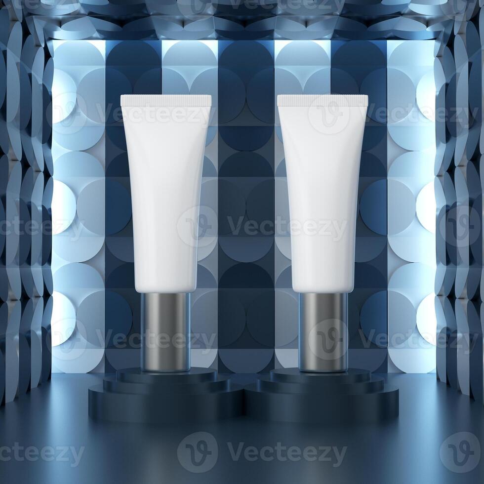 A mock up of realistic blank cosmetic tube isolated on bright blue background, 3d rendering , 3D illustration photo