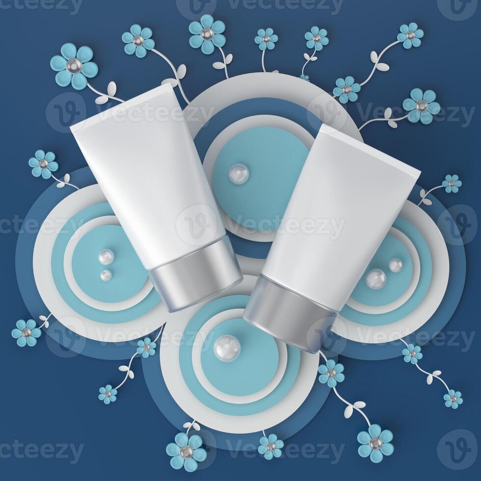 A mock up of realistic blank cosmetic tube isolated on bright blue background, 3d rendering , 3D illustration photo