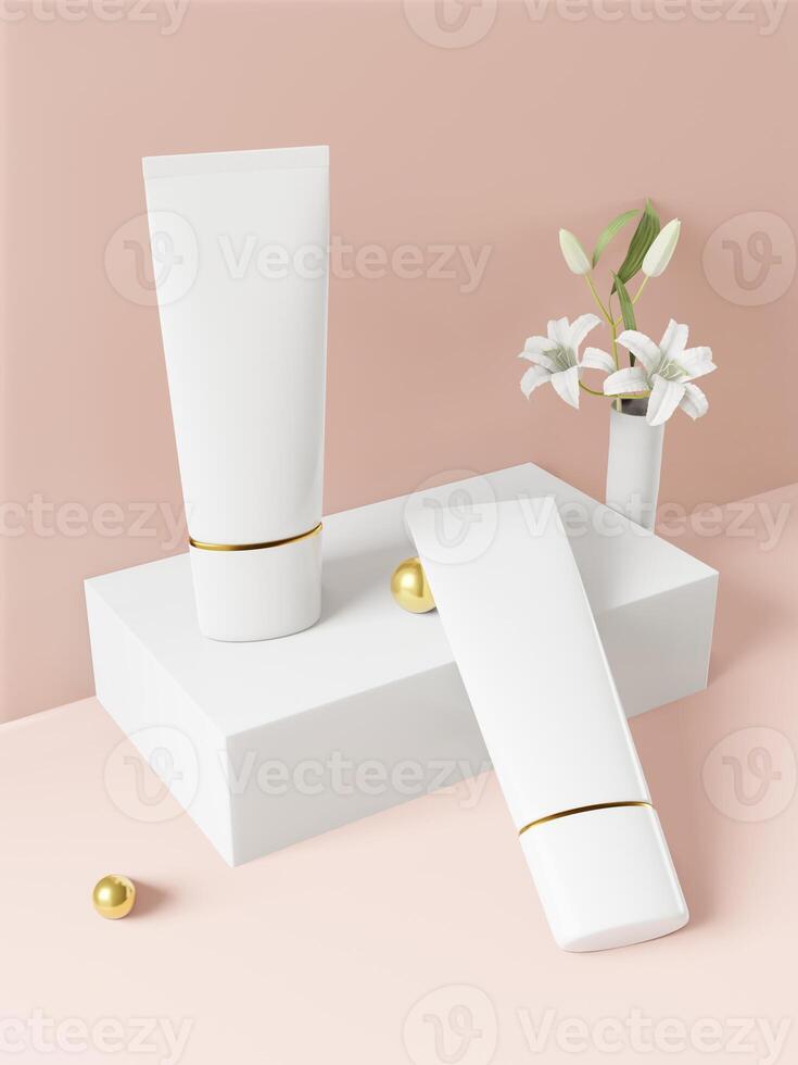 A mock up of realistic blank cosmetic tube isolated on bright pink background, 3d rendering , 3D illustration photo