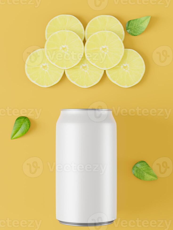 can and pieces of juicy lime on yellow background photo