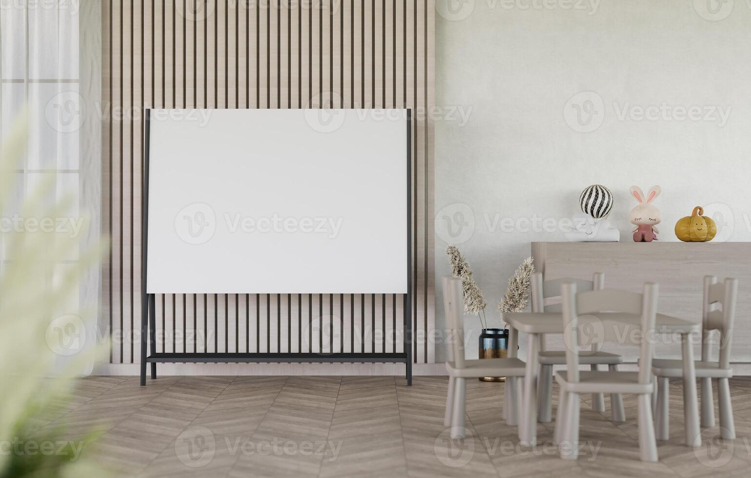 Tablero blanco en blanco de maqueta 3d en la representación de la habitación de los niños foto