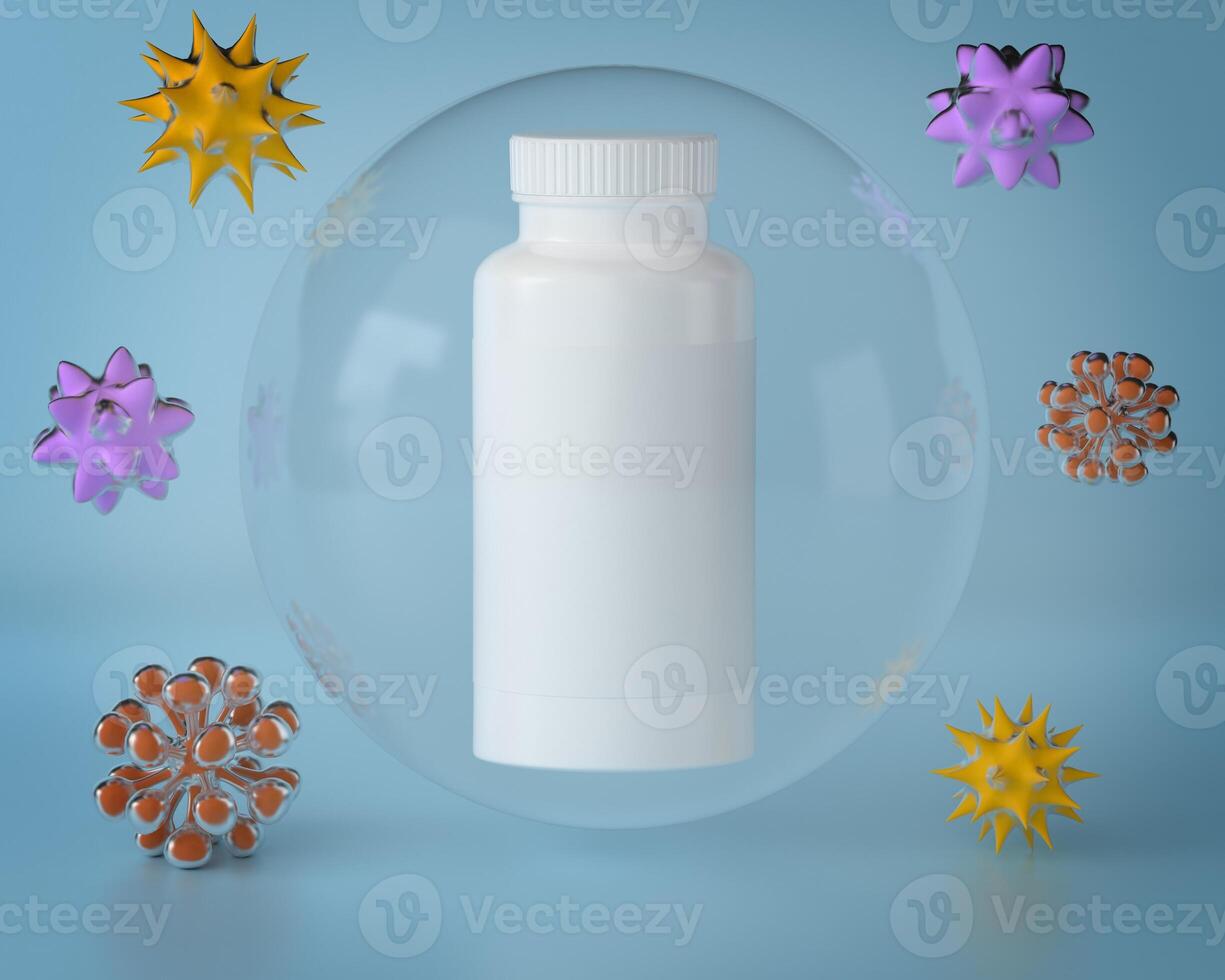 white plastic can with pills blue background photo