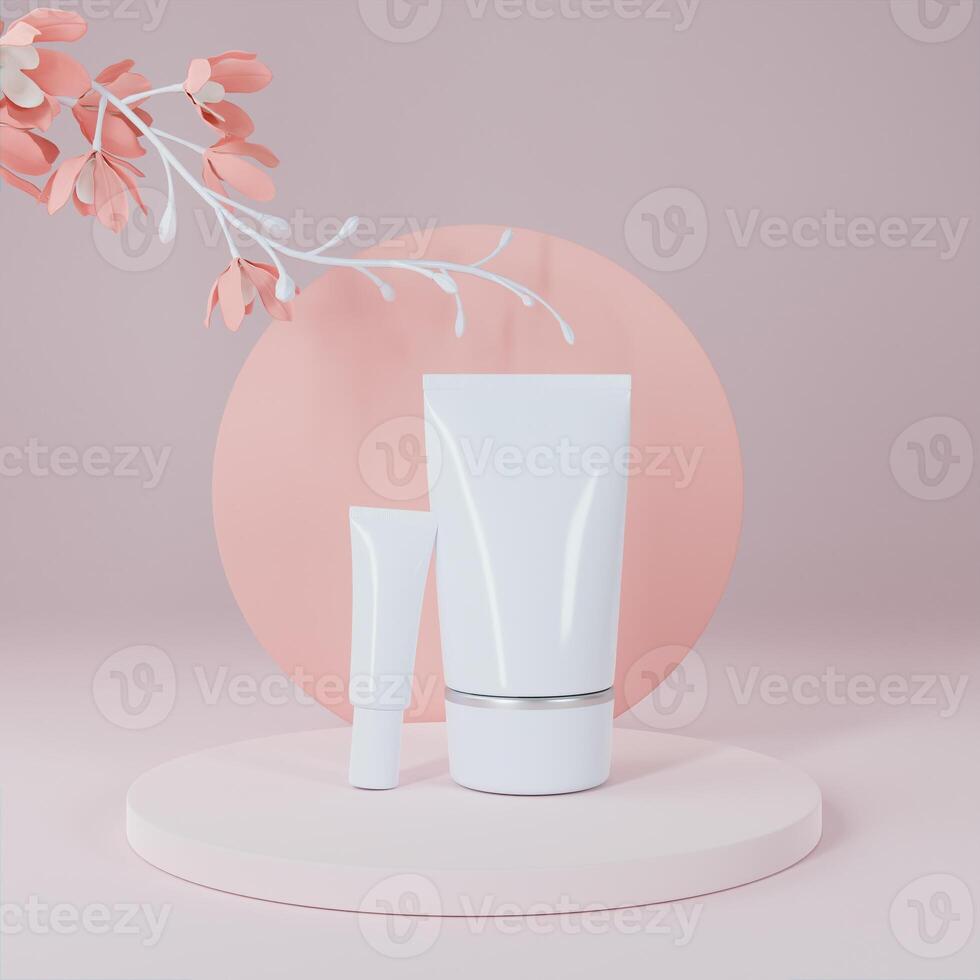 skin care products pink background with decoration photo