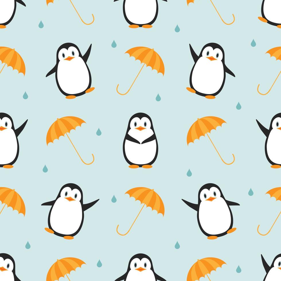 Vector seamless pattern. Funny penguins with umbrellas. Children's print.