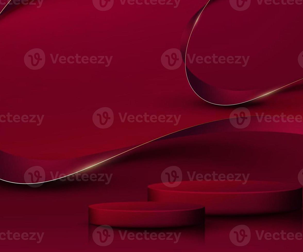 3d red brown golden product podium with ribbon elements and gold lines with glitter light effect decoration photo