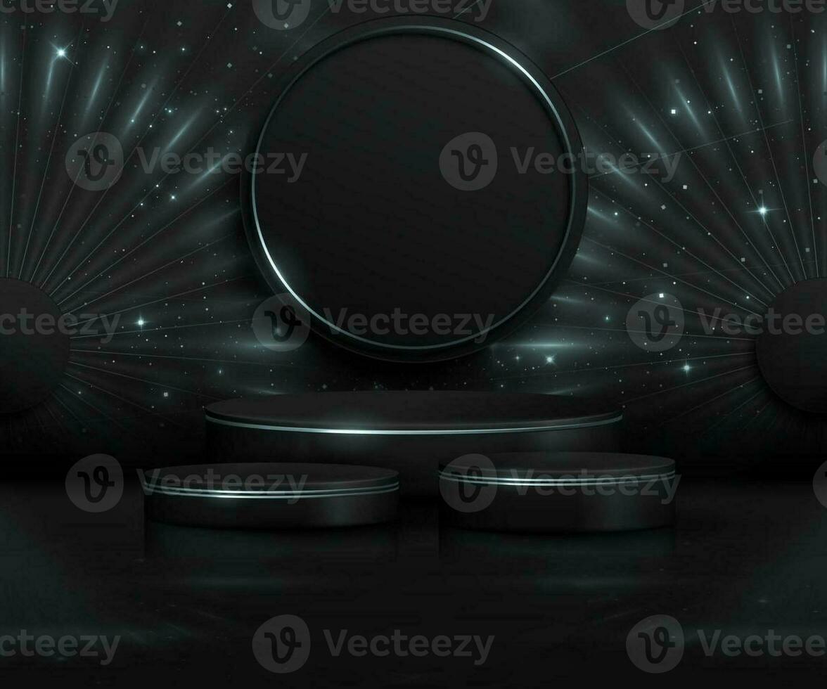 3d blue dark green black luxury background with product display podium and golden circle line elements and light rays decorations and stars effect and fireworks photo