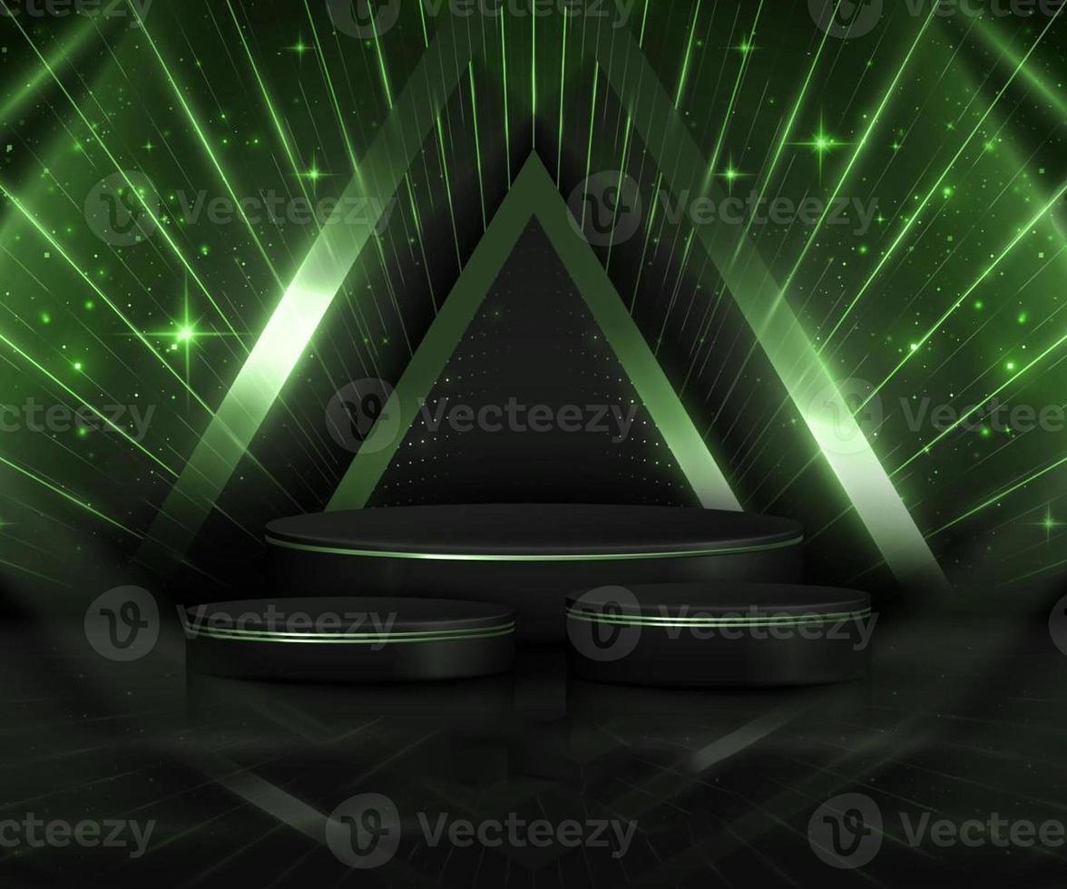 3d green yellow black luxury background with product display podium and golden line elements and light rays decorations and stars effect photo