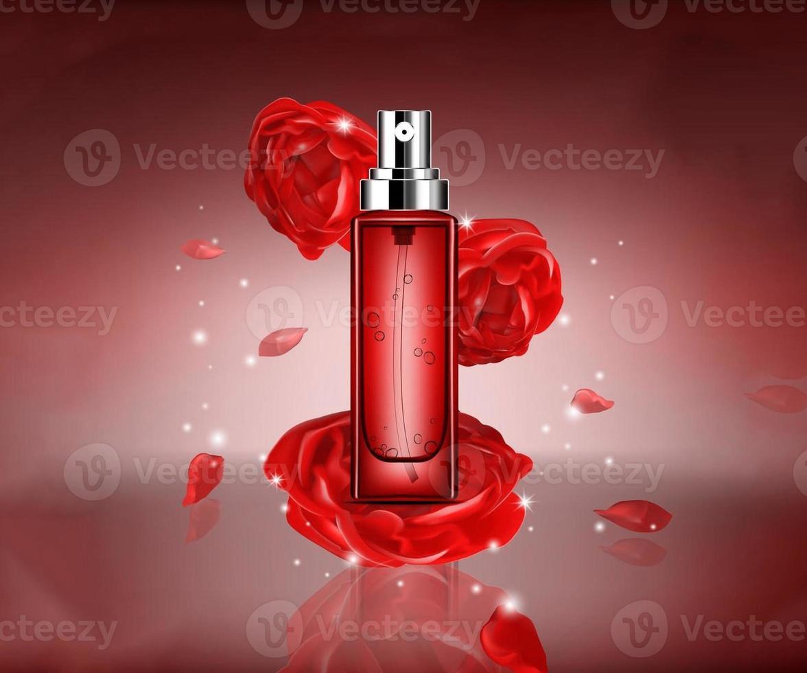3d realistic serum cosmetic advertisement editable banner red and brown background photo