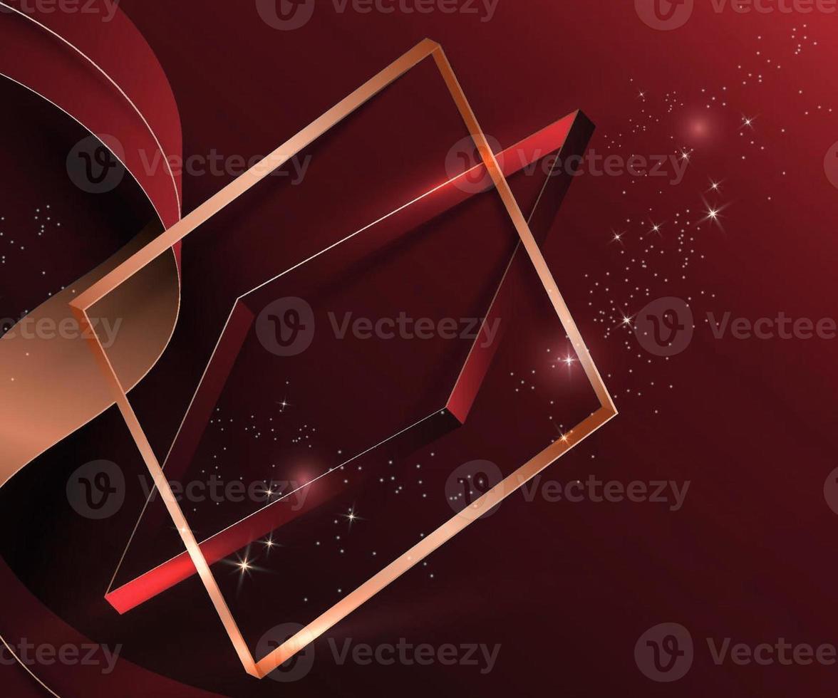 3d abstract gold curved ribbon on red and brown and orange yellow background with lighting effect and sparkle with copy space for text luxury square frame design style photo