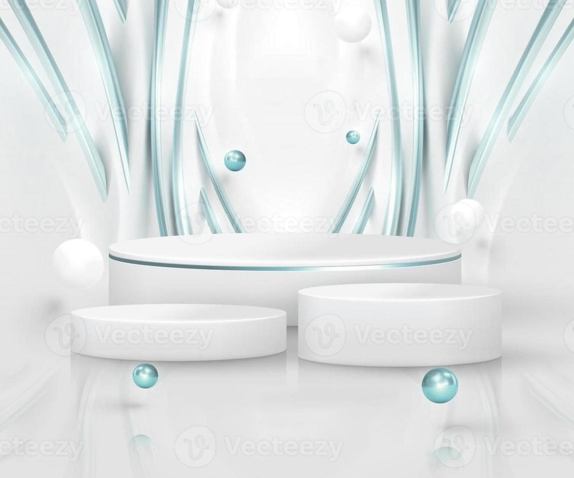 sky blue emerald turquoise green color product display podium with golden curve line elements and ball with glitter light effect decoration white luxury background photo