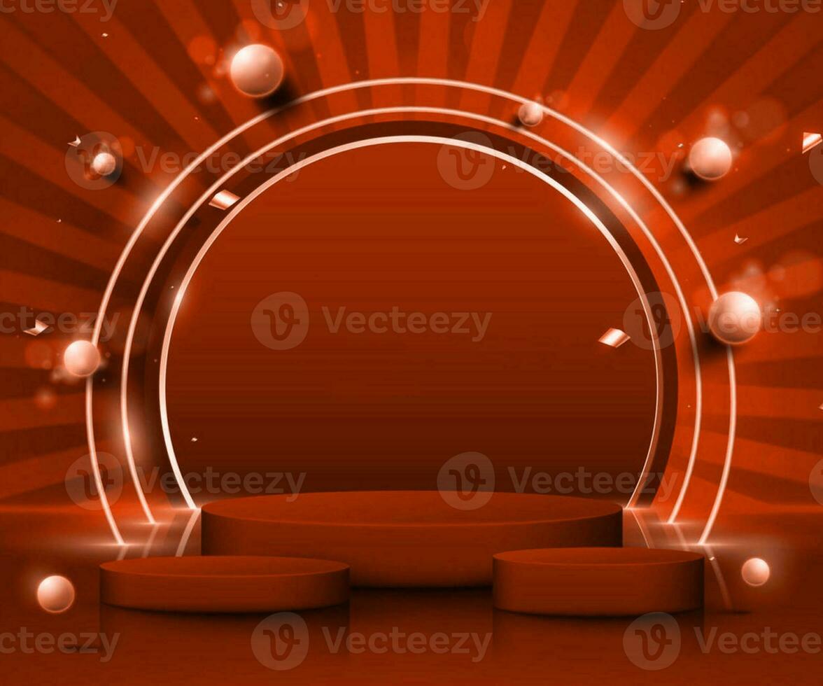 3d red brown bubble and ball product display podium with golden circle and ball elements with bokeh decoration and glitter light effect photo