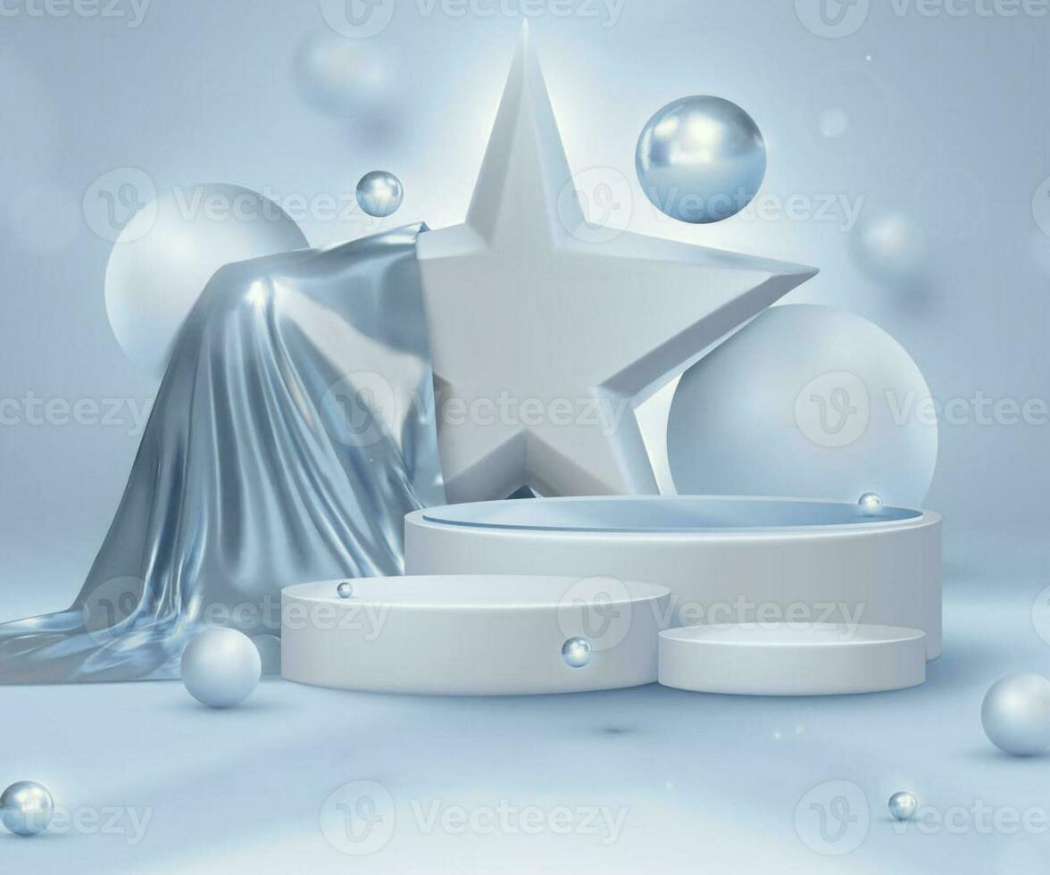 3d star sky blue grey teal turquoise grey color product display podium with golden cloth with ball element and blur effect with glitter light decoration and bokeh photo
