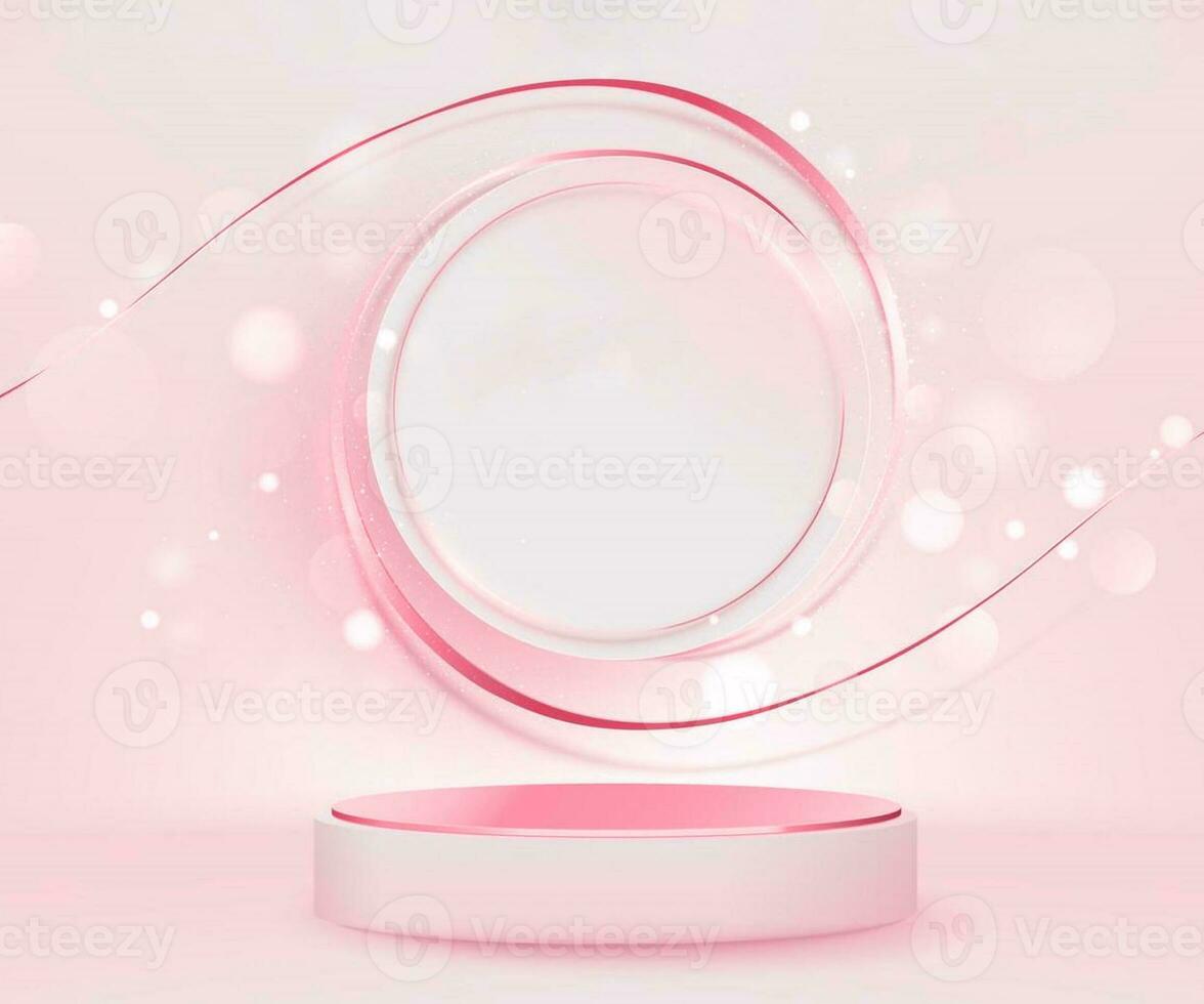 3d realistic cream color podium with rose gold and pink podium gold ribbon elements with glitter light effect luxury banner background design photo