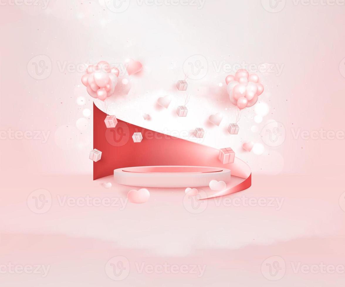 valentine day backdrop with podium for product display red and pink heart shape elements glitter light effects photo
