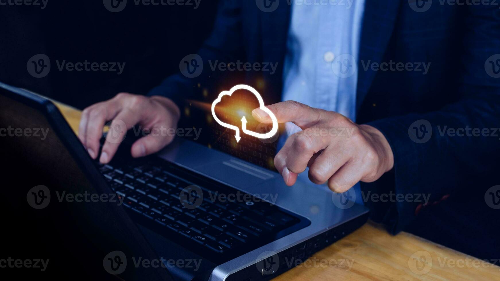 Businessman touching virtual cloud computing to transfer database. information upload, download application. Technology business transformation data concept..Big data Concept photo