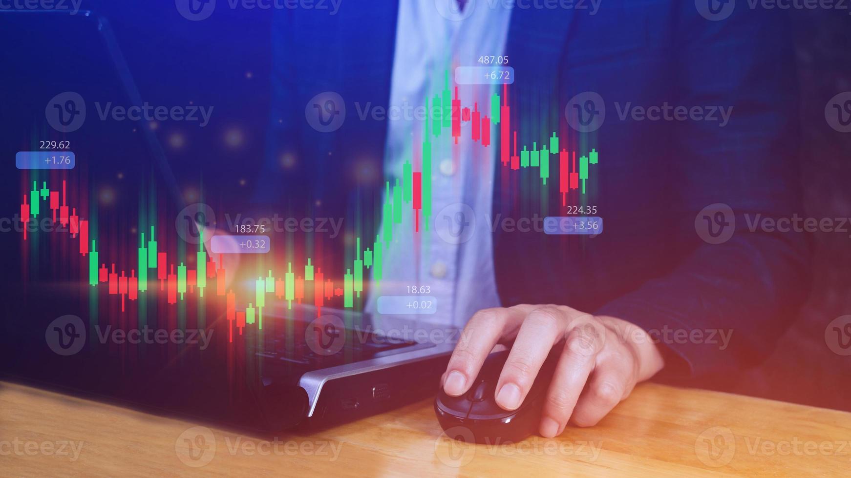 Hand of businessman or trader is showing growing virtual hologram stock, planning and strategy, Stock market, Business growth, progress or success concept. invest in trading. photo