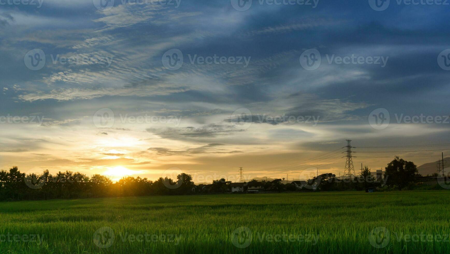 ciudad paisaje ver puesta de sol terminado arroz campo plantación agricultura con casa y telecomunicaciones,comunicación antenas en campo Tailandia foto