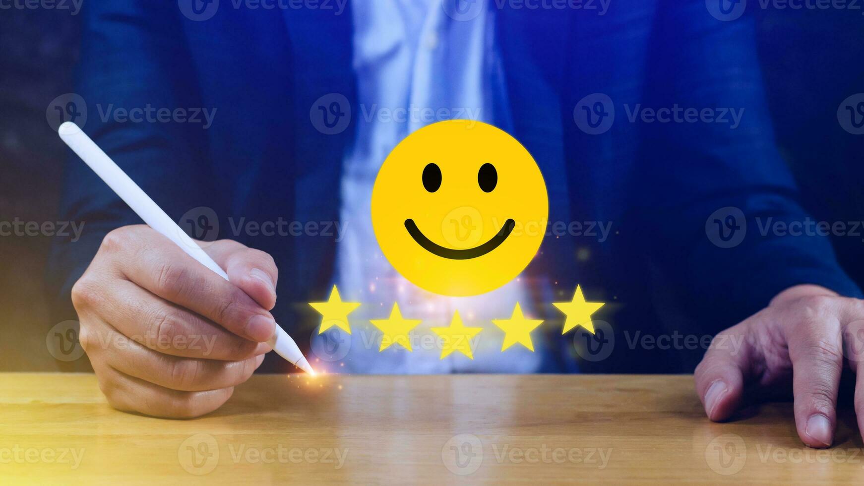 Customer services best excellent business rating experience, Positive Review and Feedback, Satisfaction survey concept. Hand of a businessman show happy smile face with five star. photo