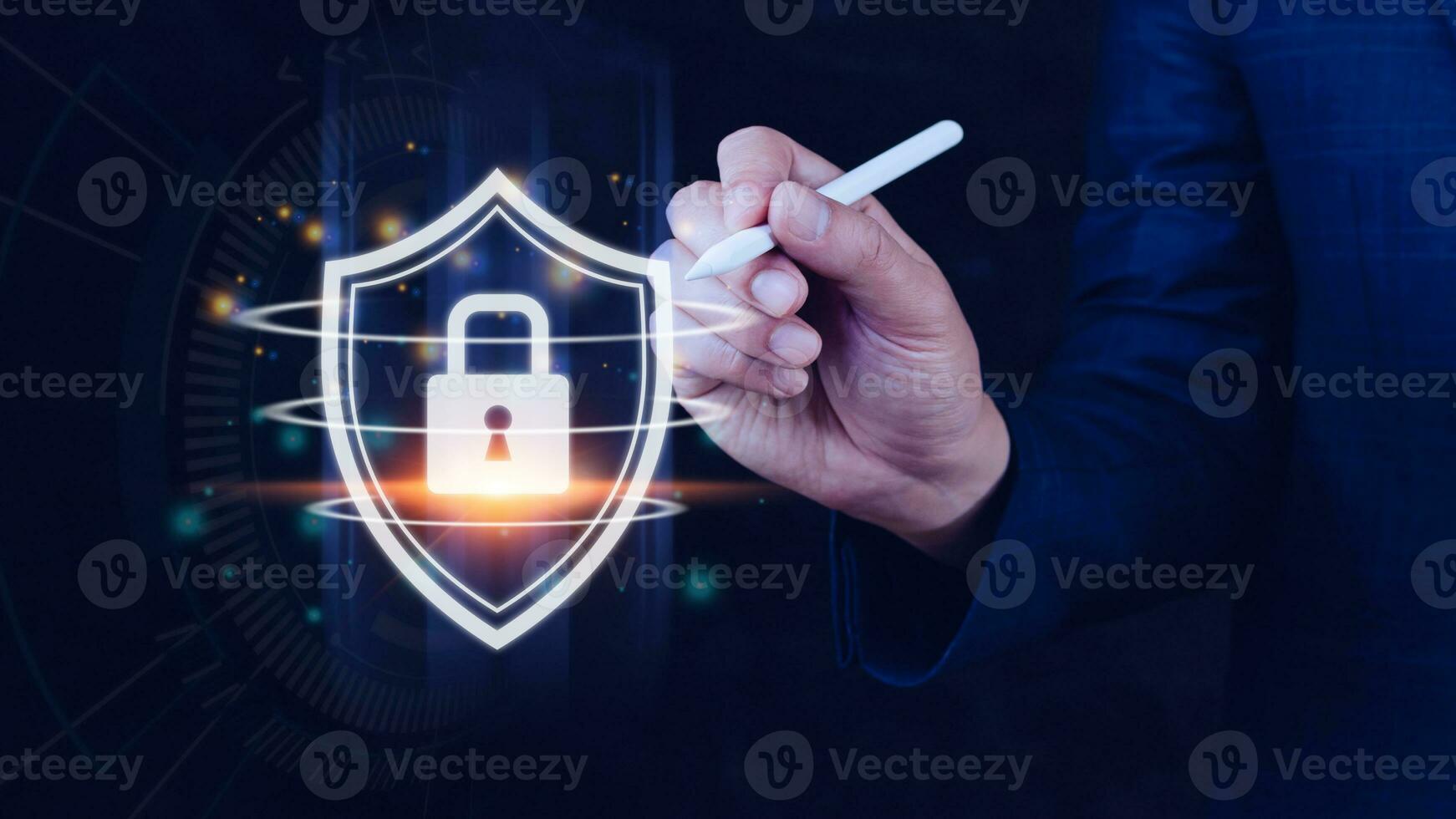 Computer network protection, secure and safe your data concept, businessman holding shield protection icon, Security shield Lock Security Businessman Protect Concept photo