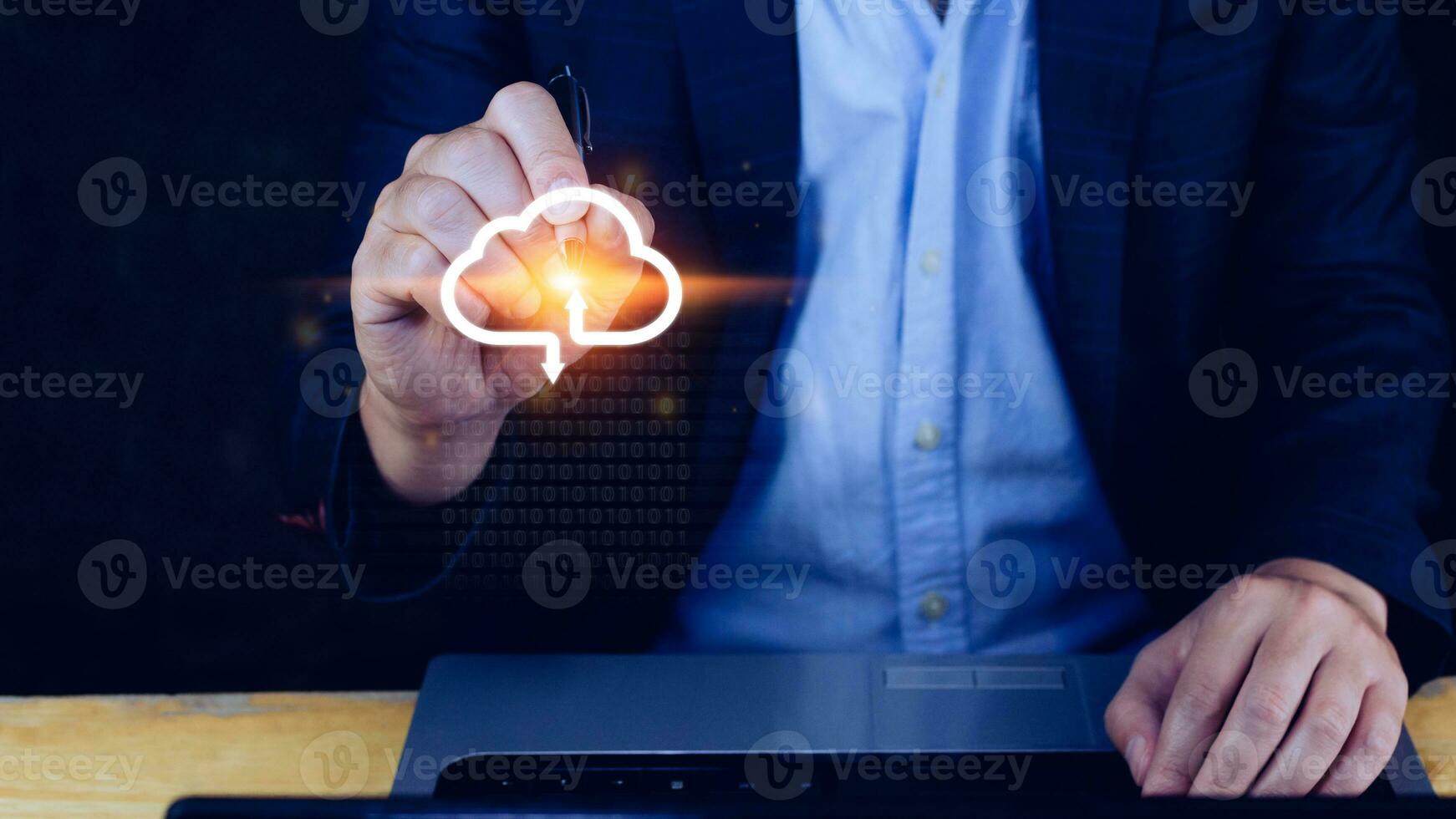 Businessman touching virtual cloud computing to transfer database. information upload, download application. Technology business transformation data concept..Big data Concept photo