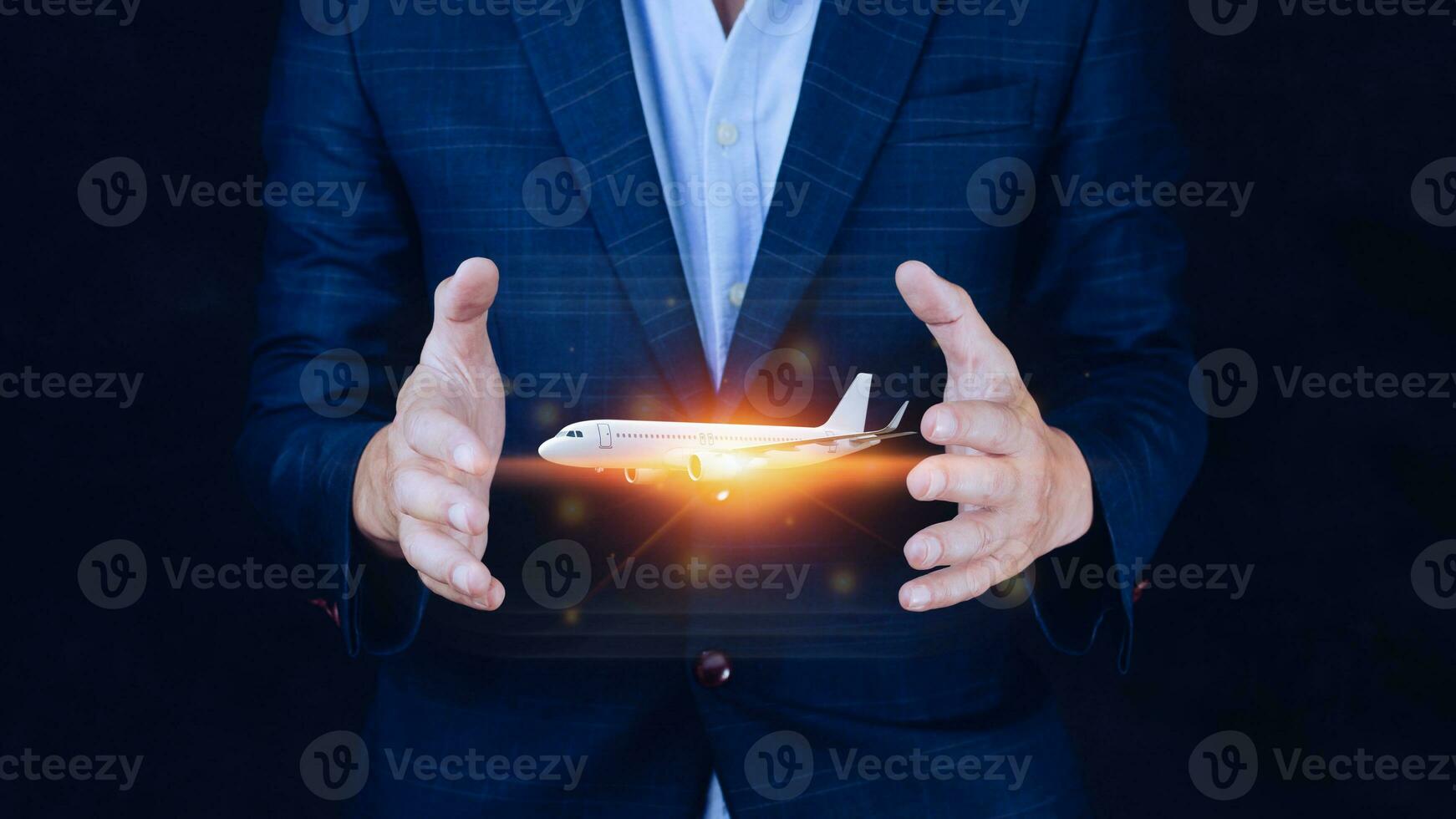 Businessman holding a airplane. Organization of flight traffic. Business and transport, air communication. Infrastructure for business development. Online ticket purchase. Tourism and travel. photo