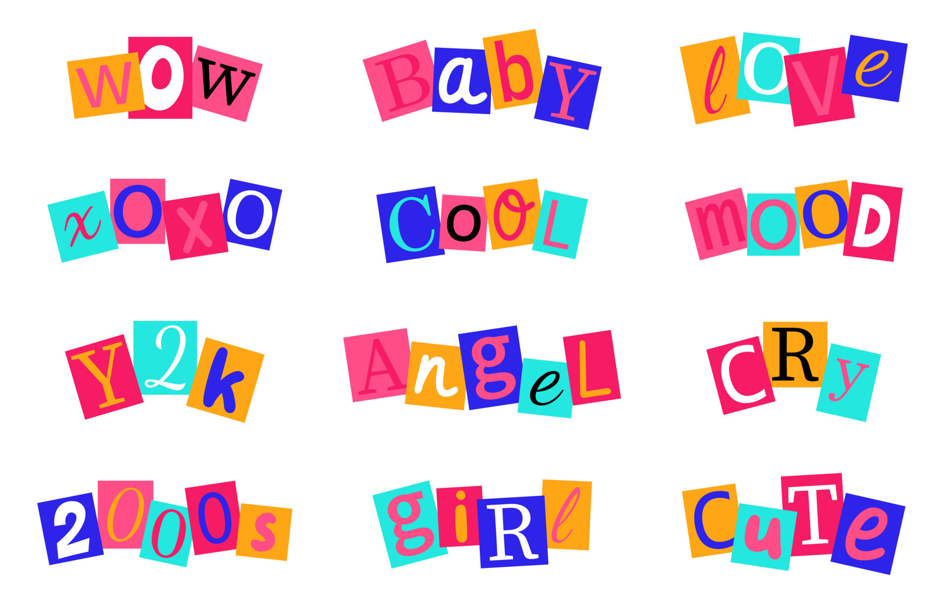 Words with letters cutting from magazines in y2k style, 90s style. Can