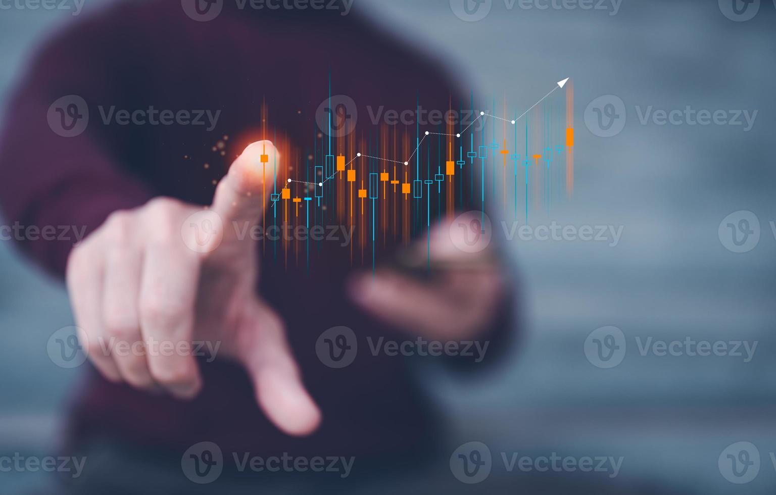 investment and finance concept, businessman analysing virtual trading graph crytocurrency, stock market, profits and business growth. saving and investment plans retirement and fund photo