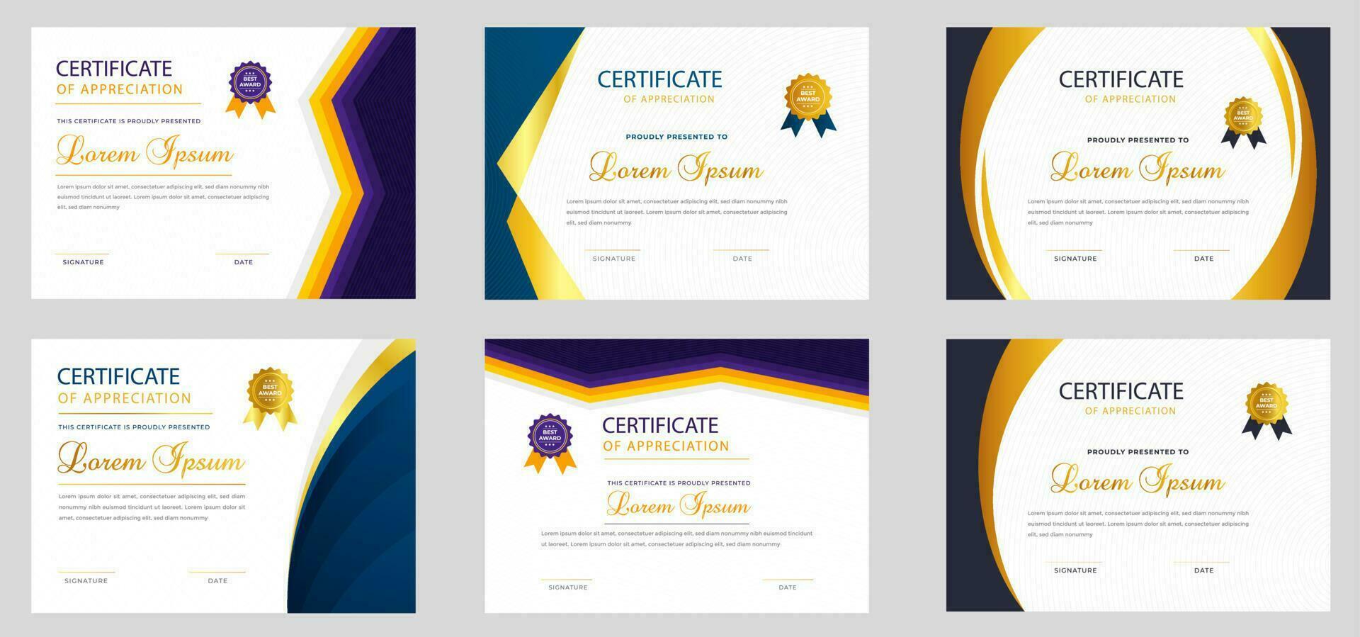set of 6 Mega collection diploma Certificate template for achievement graduation completion with luxury badge. training graduation or course completion certificate set. certificate bundle, certificate vector