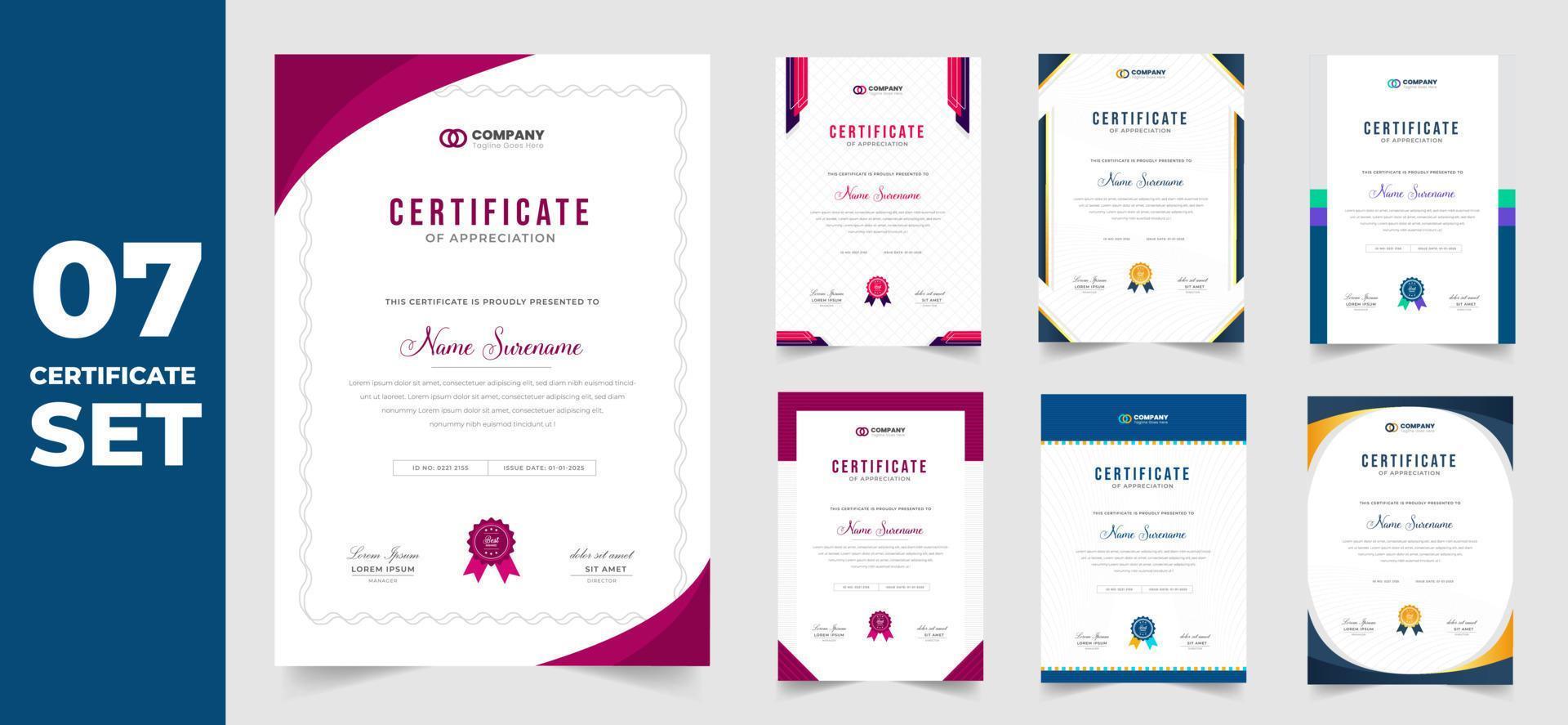 set of 7 Mega collection diploma Certificate template for achievement graduation completion with luxury badge. training graduation or course completion certificate set. certificate bundle, certificate vector