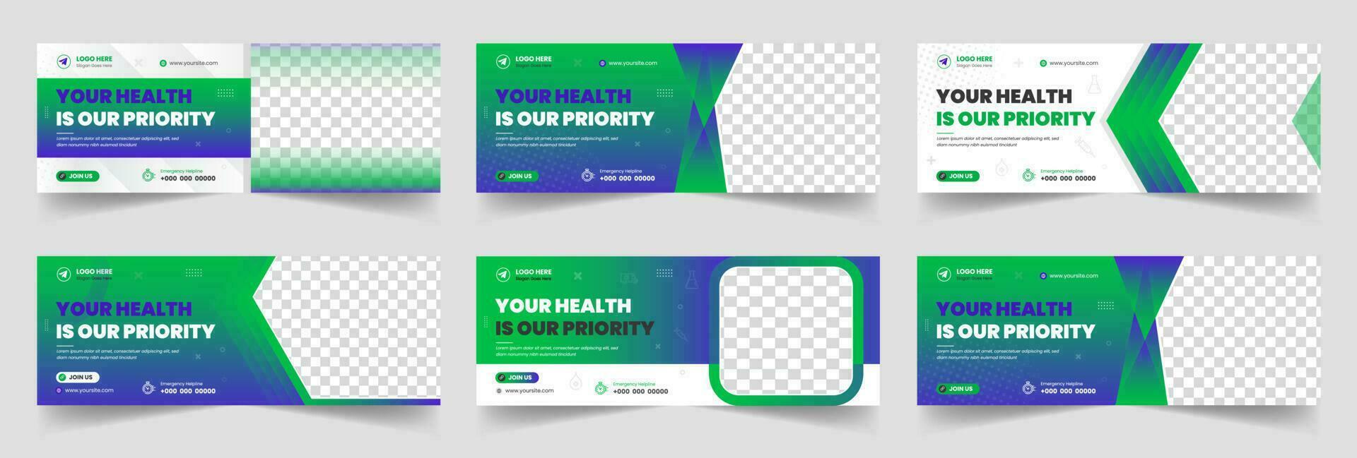 set of 06 Mega collection Medical healthcare social media timeline cover and web banner template. Healthcare Social Media web Banner Template bundle. Medical doctor healthcare social media web banner vector