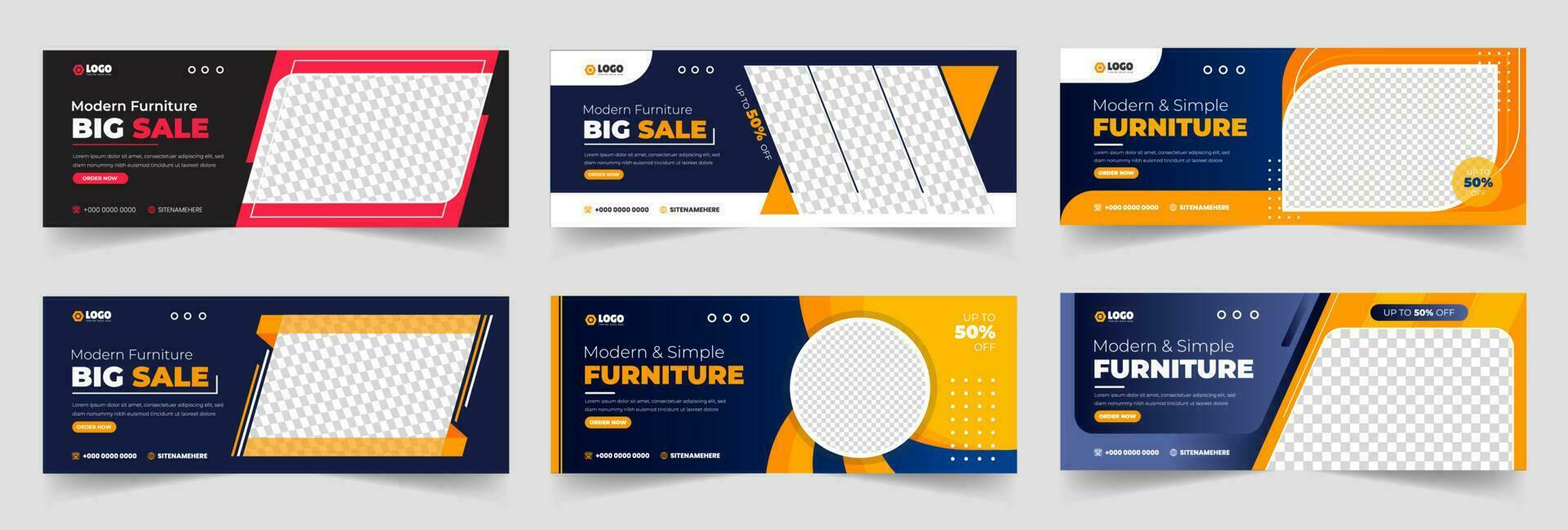 set of 06 Mega collection Modern Furniture promotion Social Media Cover photo Template Design. big sale furniture web banner. furniture web banner design layout. web banner. vector