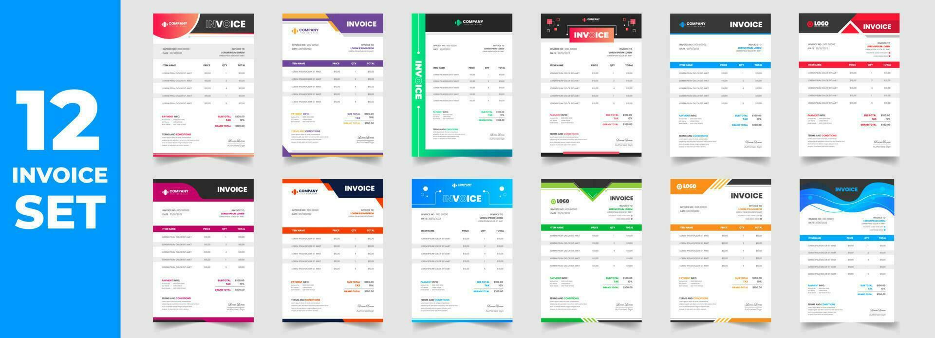 set of 12 Mega collection corporate modern minimal Business invoice form template. Invoicing quotes, money bill, Tax form, payment receipt, price invoices and payment agreement design template set. vector