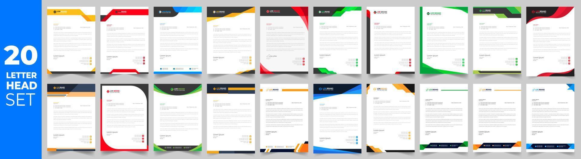 set of 20 Letterhead Bundle mega collection, Letterhead template set,  Corporate business letter head design template set with unique shape. business letterhead bundle. vector