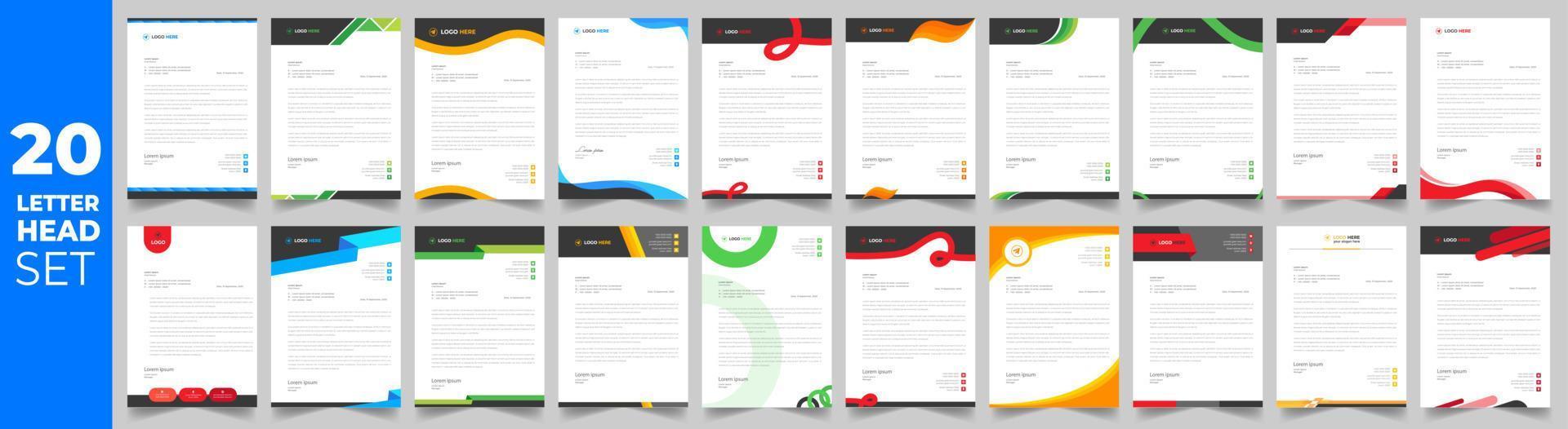 set of 20 Letterhead Bundle mega collection, Letterhead template set,  Corporate business letter head design template set with unique shape. business letterhead bundle. vector