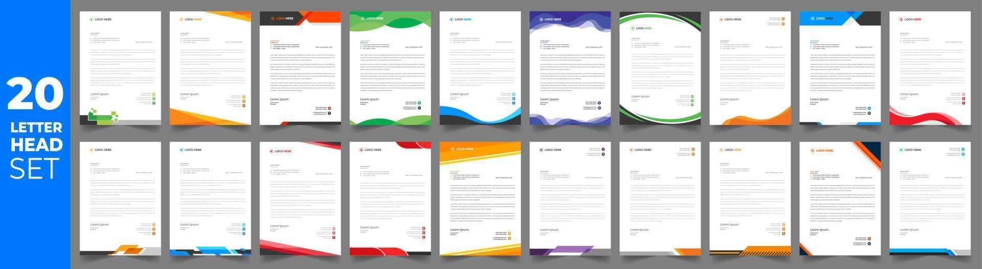 set of 20 Letterhead Bundle mega collection, Letterhead template set,  Corporate business letter head design template set with unique shape. business letterhead bundle. vector