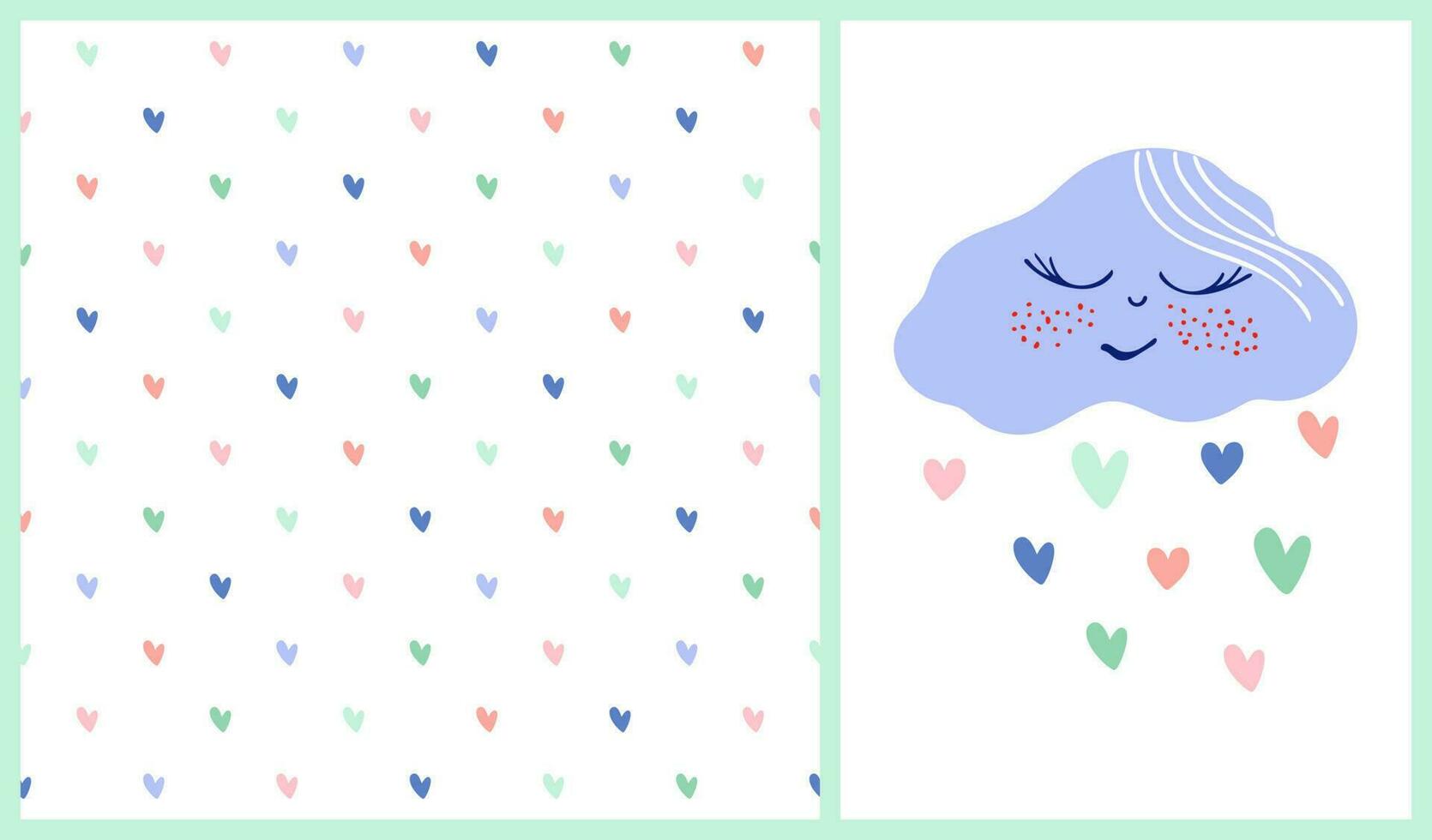 Baby nursery vector set. Sleeping cloud and hearts rain and seamless pattern background with colorful rainbow hearts. Cute prints for baby clothes, textile, wallpaper.