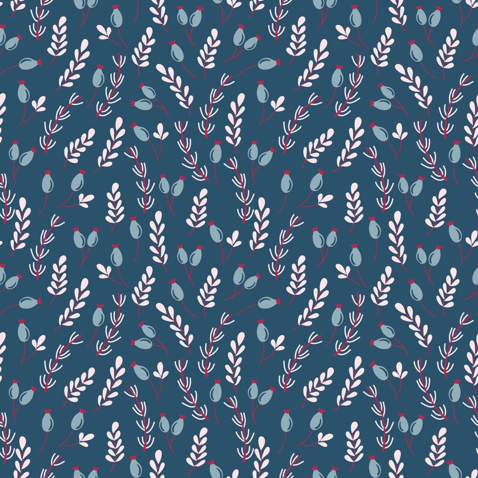 Seamless pattern with plant ornament on dark background. Cute botanical texture. Hand drawn vector illustration.