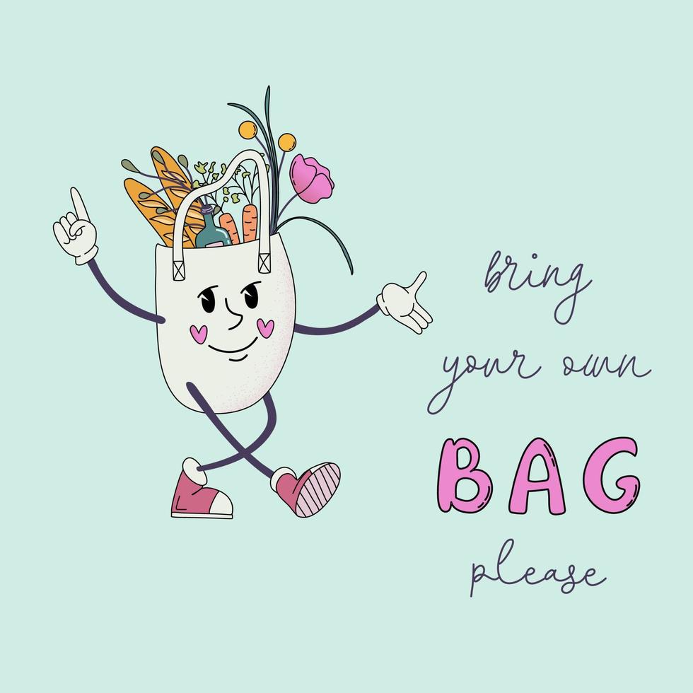 Eco friendly reusable shopping bag full of vegetables and other products with inscription Bring Your Own Bag. Retro style cartoon vector illustration.