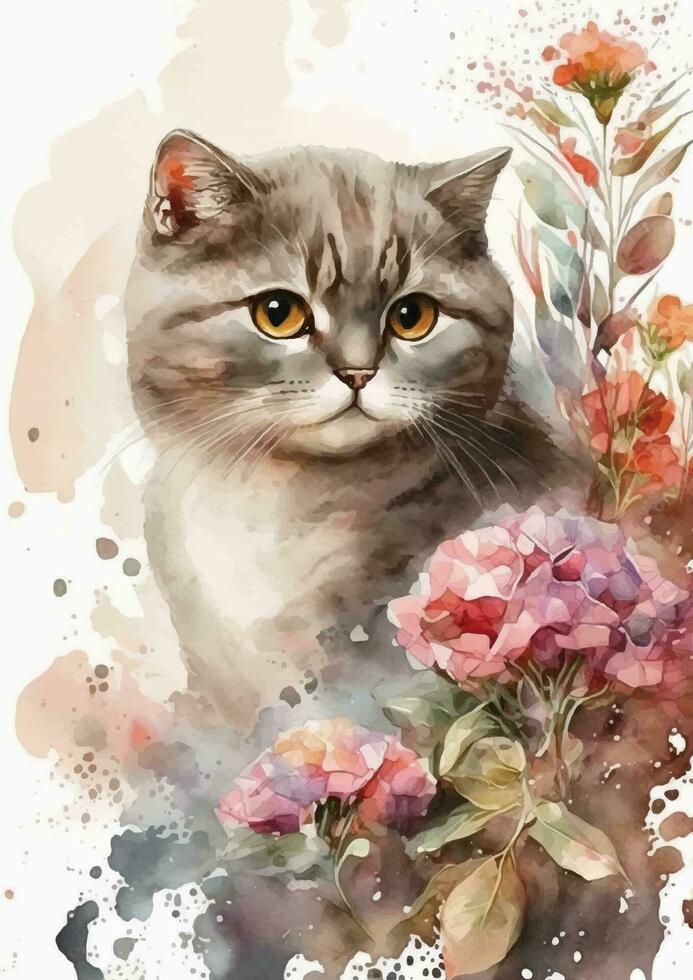 Stylish British Short Hair Cat Watercolor Painting for Your Home Decor vector