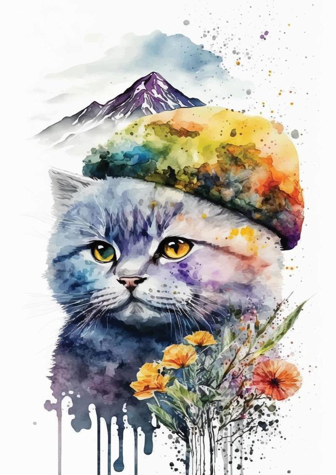 Dark cat watercolor painting of Angora breed vector