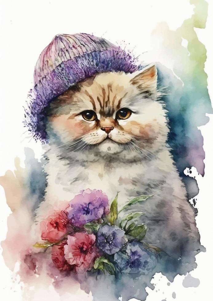 Stylized watercolor cat portrait of Angora breed vector