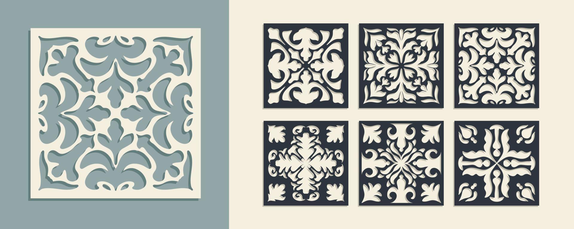 Big set of square Vintage Laser Cut pattern with baroque ornament. Vector Stencil Template for cnc cutting, decorative panels of wood, metal, paper, plastic