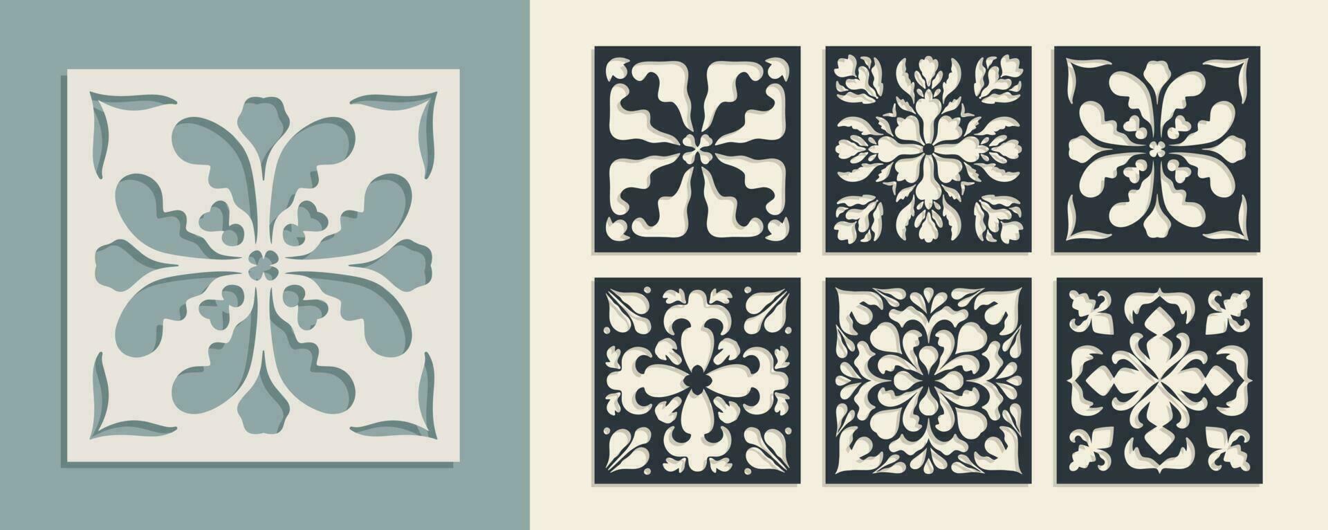 Big set of square Vintage Laser Cut pattern with baroque ornament. Vector Stencil Template for cnc cutting, decorative panels of wood, metal, paper, plastic