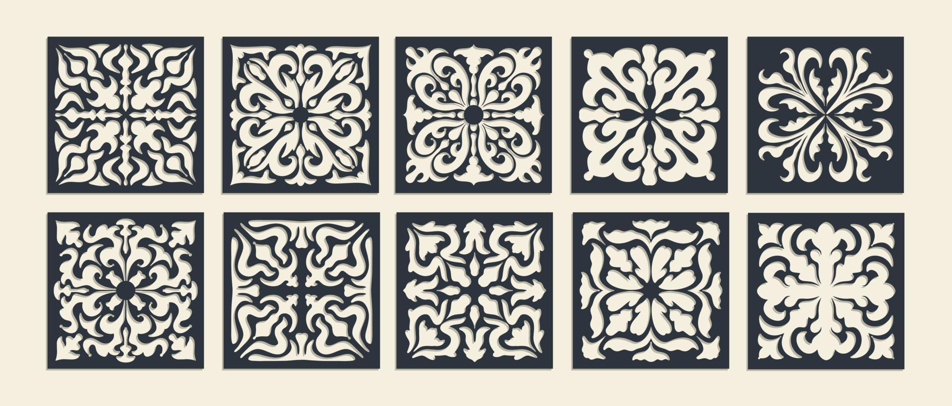 Big set of square Vintage Laser Cut pattern with baroque ornament. Vector Stencil Template for cnc cutting, decorative panels of wood, metal, paper, plastic