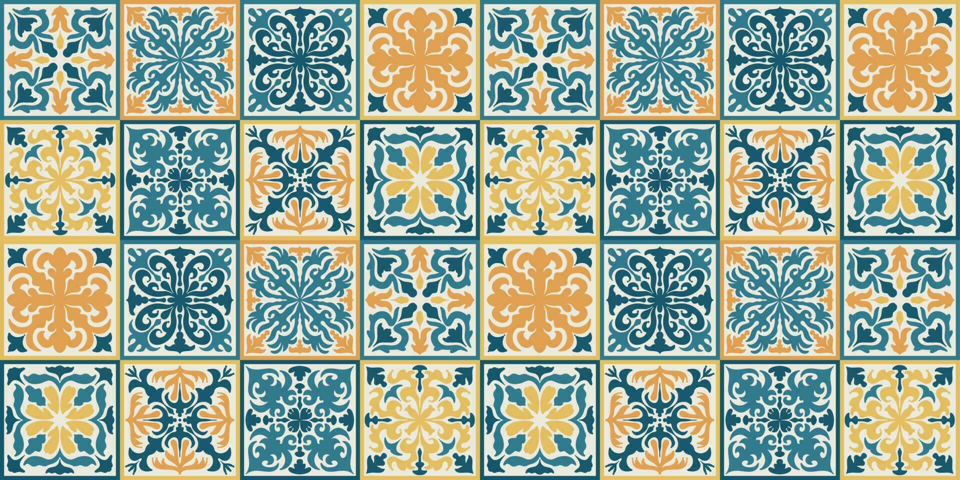 sin costura marroquí mosaico loseta modelo con vistoso labor de retazos. Clásico Portugal azulejo, mexicano talavera, italiano mayólica ornamento, arabesco motivo o Español cerámico mosaico vector