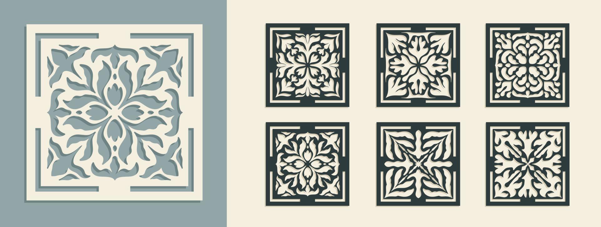 Big set of square Vintage Laser Cut pattern with baroque ornament. Vector Stencil Template for cnc cutting, decorative panels of wood, metal, paper, plastic